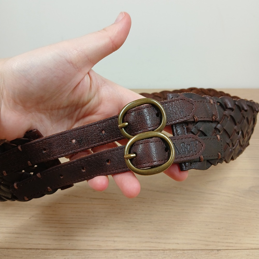 Abercrombie & Fitch Belt Womens Dark Brown Leather Braided Double Buckle Boho